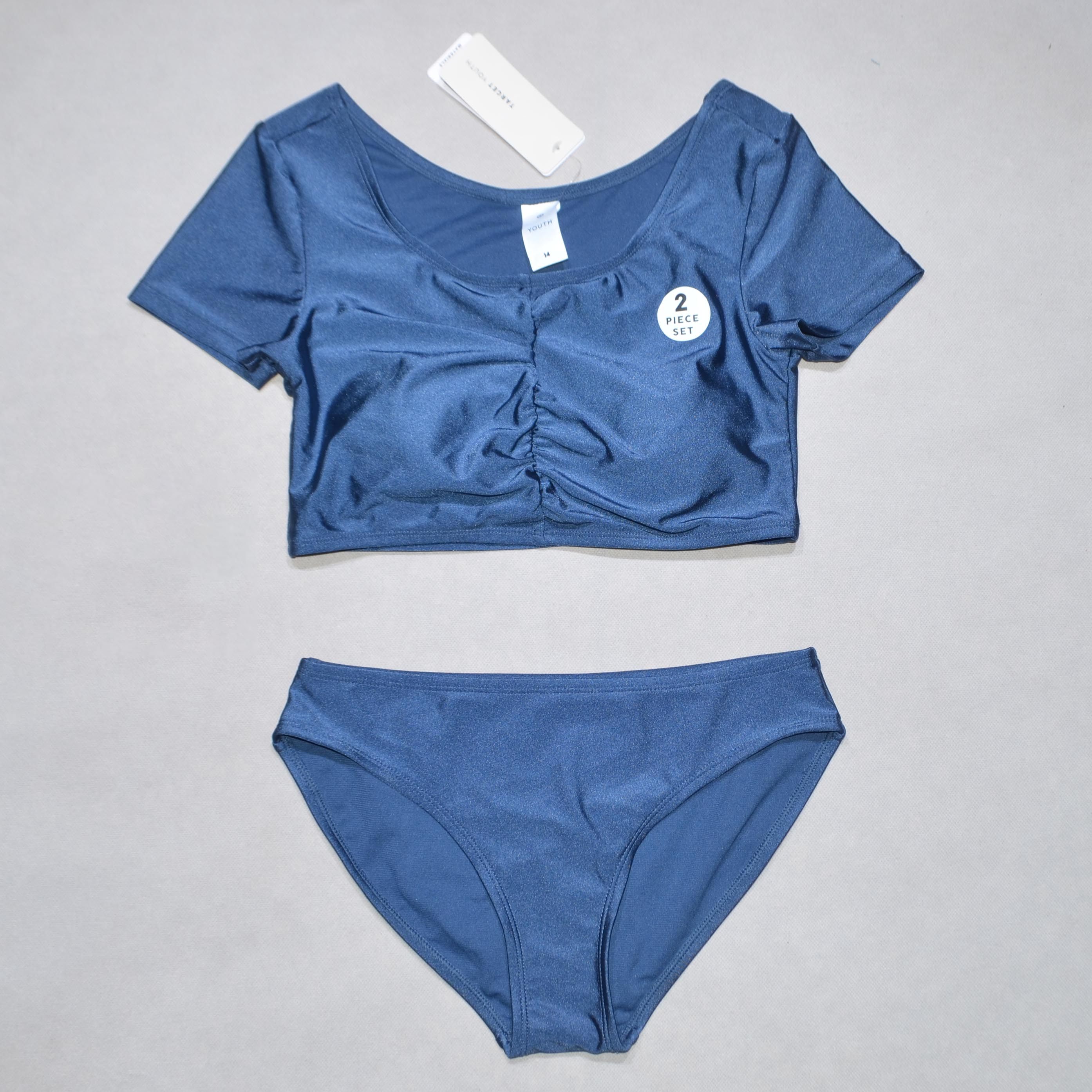 美国原单TARG****闪光深灰色短袖海滩泳池游泳分体泳衣女童中大童