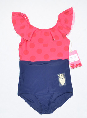 美国原单DANE****红色点配宝蓝色单层海滩泳池连体泳衣女童中小童