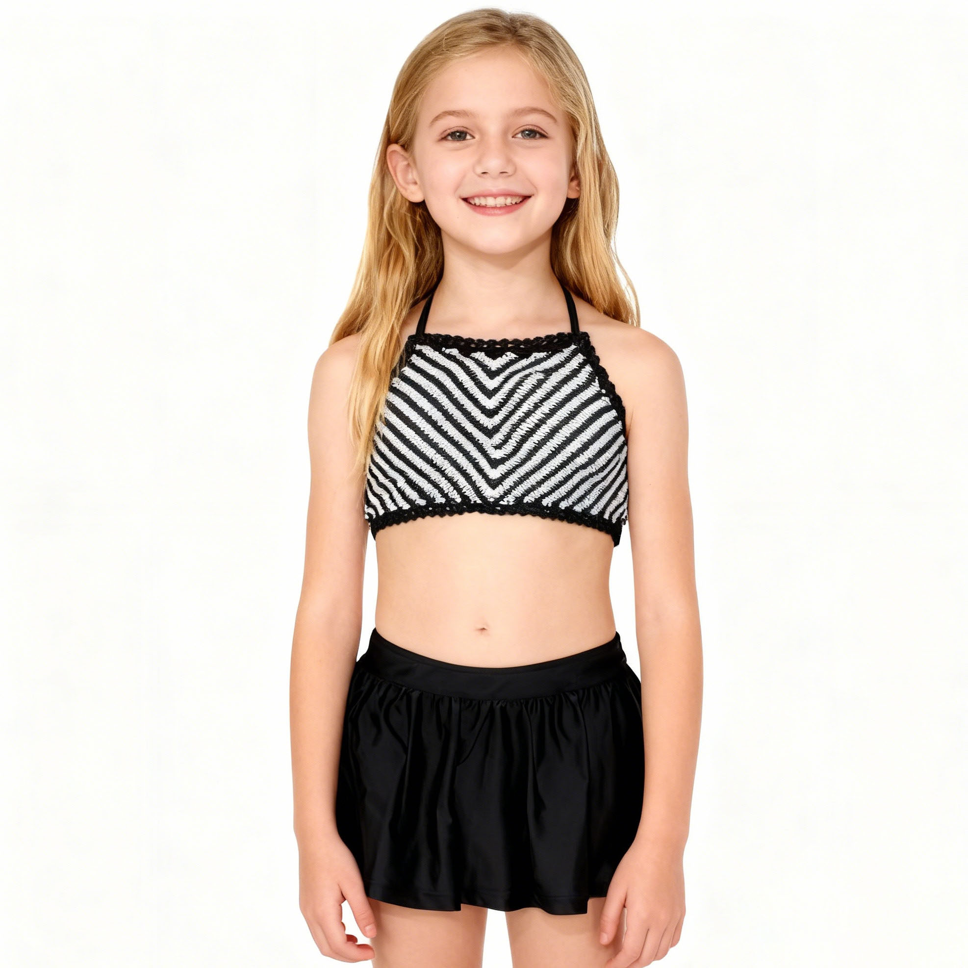 澳洲原单CHEL****黑白条纹带胸垫海滩泳池裙款分体泳衣女童中大童