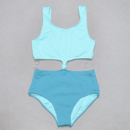 美国原单GEOR****可爱蓝绿泡泡纱海滩泳池游泳连体泳衣女童中大童