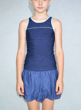 日本原单WANI**牛仔蓝裤蓝色上衣海滩泳池长袖分体泳衣女童中大童