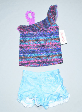 美国原单JESS****蓝色裤黑红上衣单肩海滩泳池分体泳衣女童中大童