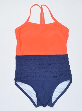 品牌原单SWIM****可爱宝蓝配橙色花边海滩泳池连体泳衣女童中小童