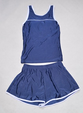 日本原单OVER****宝蓝色衬浅蓝边海滩泳池学生分体泳衣女童中大童