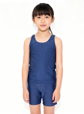 日本原单WANI****经典宝蓝色带胸垫海滩泳池分体泳衣女童中小童