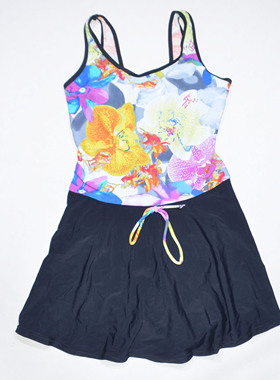 美国原单GEOR****红黄花带胸垫海滩泳池裙款连体泳衣女童中大童