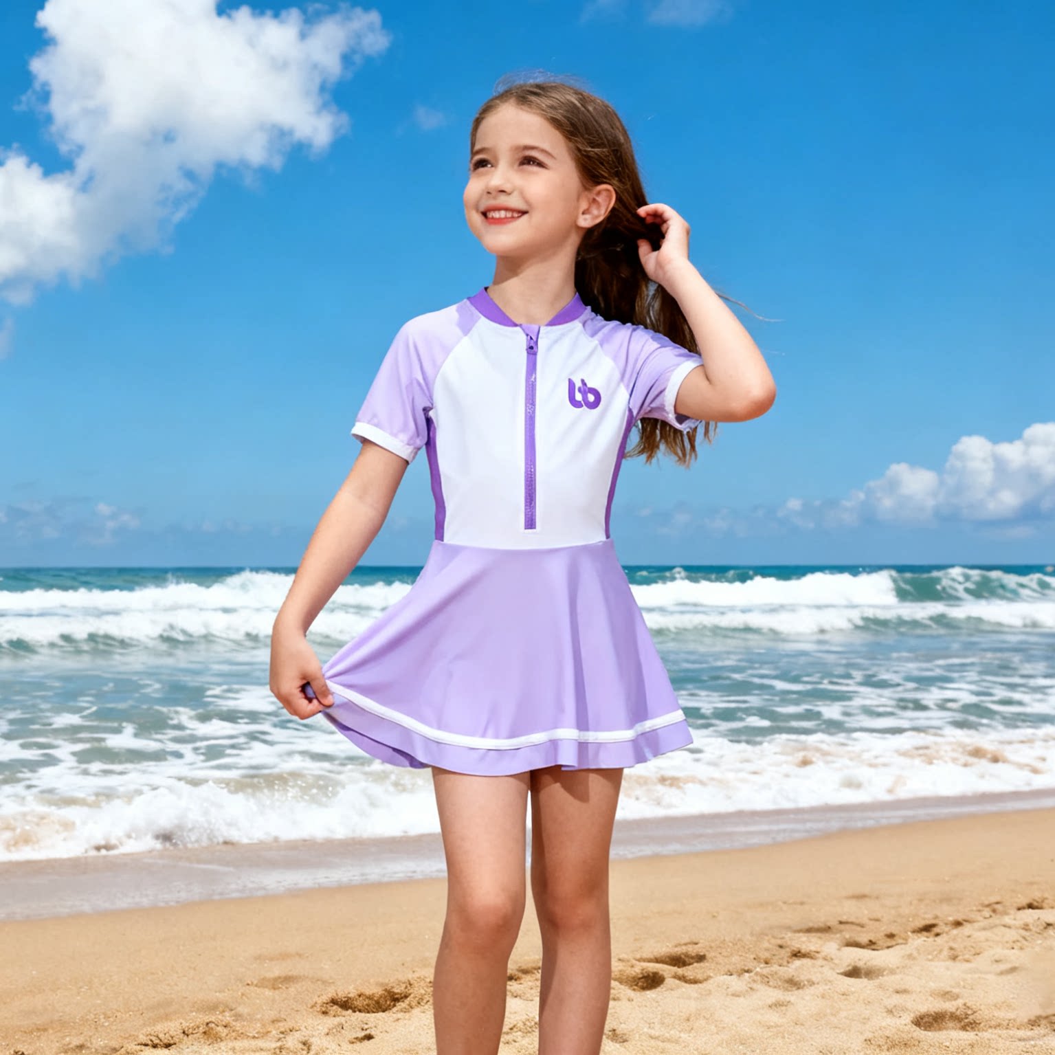 品牌原单BABA***紫白色短袖拉链140以上有胸垫防晒裙连体泳衣女童