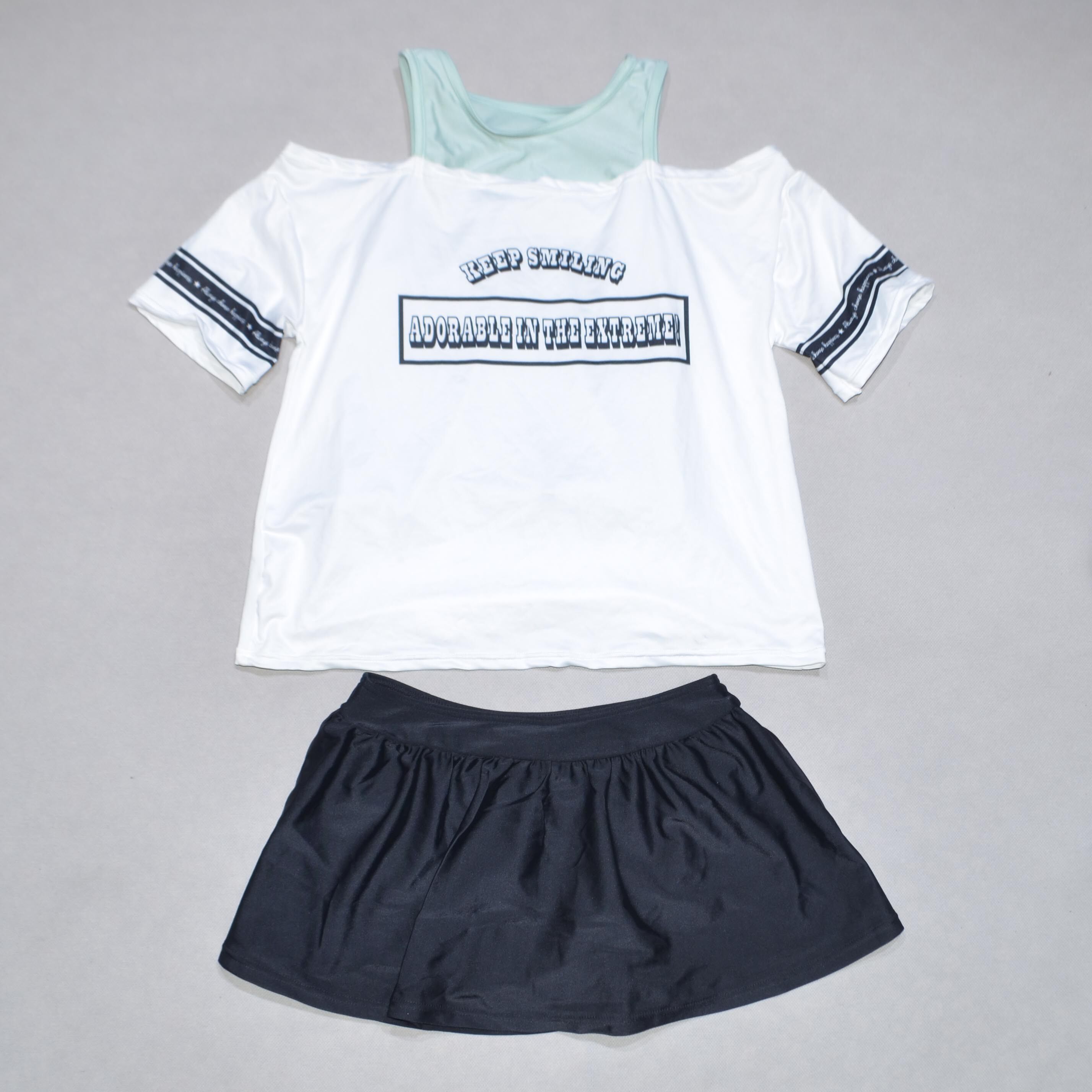 日本原单OVER****白背心黑裙带胸垫海滩泳池学生分体泳衣女中大童