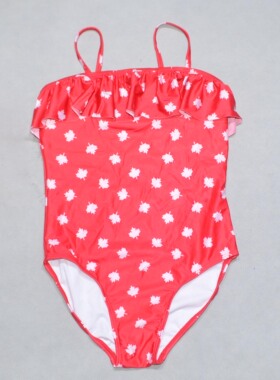 美国原单GEOR****可爱红底白枫叶花边海滩泳池连体泳衣女童中大童