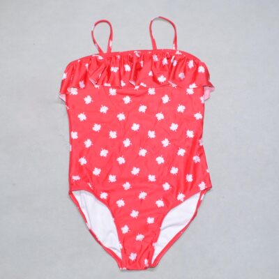 美国原单GEOR****可爱红底白枫叶花边海滩泳池连体泳衣女童中大童