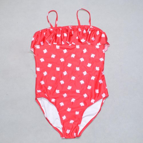 美国原单GEOR****可爱红底白枫叶花边海滩泳池连体泳衣女童中大童