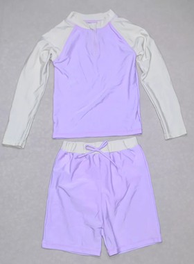 日本原单FUNC****紫色长袖防晒海滩泳池分体泳衣女童小童尺码偏小