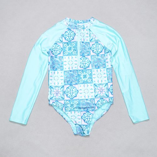 方格长袖防晒连体泳衣女童中小童