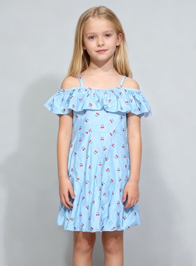 日本原单ATTE****可爱蓝底红樱桃海滩泳池裙款连体泳衣女童中小童