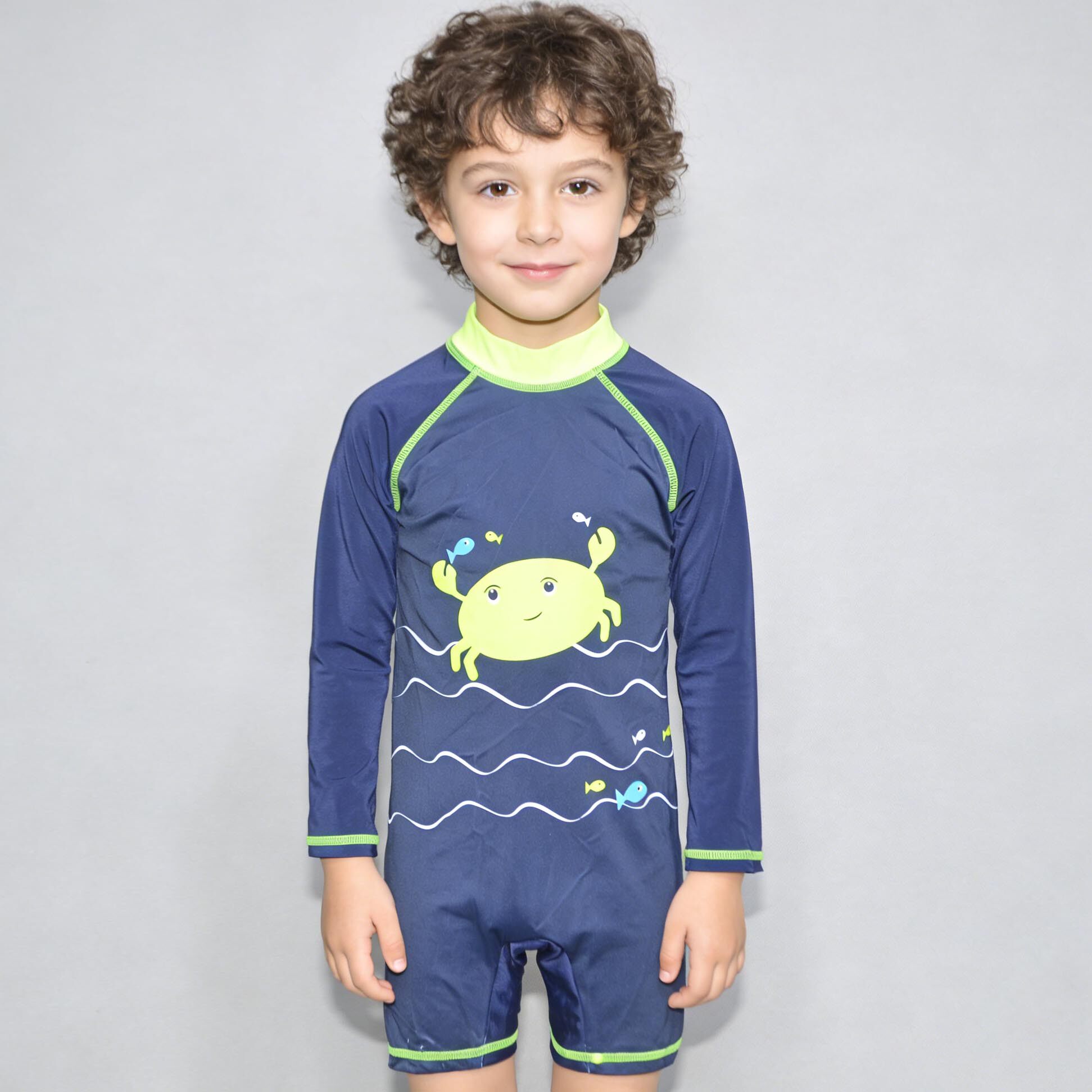 意大利原单TOPO****宝蓝底黄螃蟹海滩泳池游泳分体泳衣男童中小童