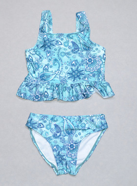 美国原单GEOR****可爱绿色花带花边海滩度假分体泳衣女童中小童