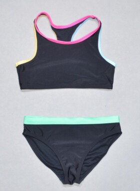 美国原单GEOR****经典黑色配红黄蓝边海滩度假分体泳衣女童中大童