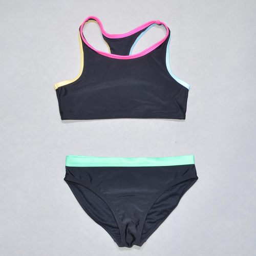 美国原单GEOR****经典黑色配红黄蓝边海滩度假分体泳衣女童中大童