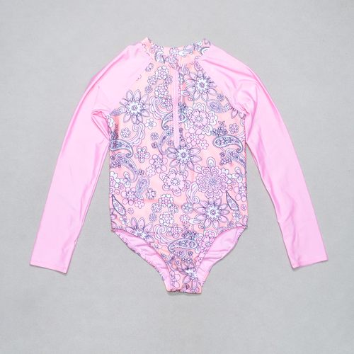 美国原单GEOR****粉红花拉链长袖防晒海滩泳池连体泳衣女童中小童
