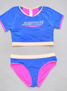 美国原单JUST****蓝色配红黄边无胸垫海滩度假分体泳衣女童中大童