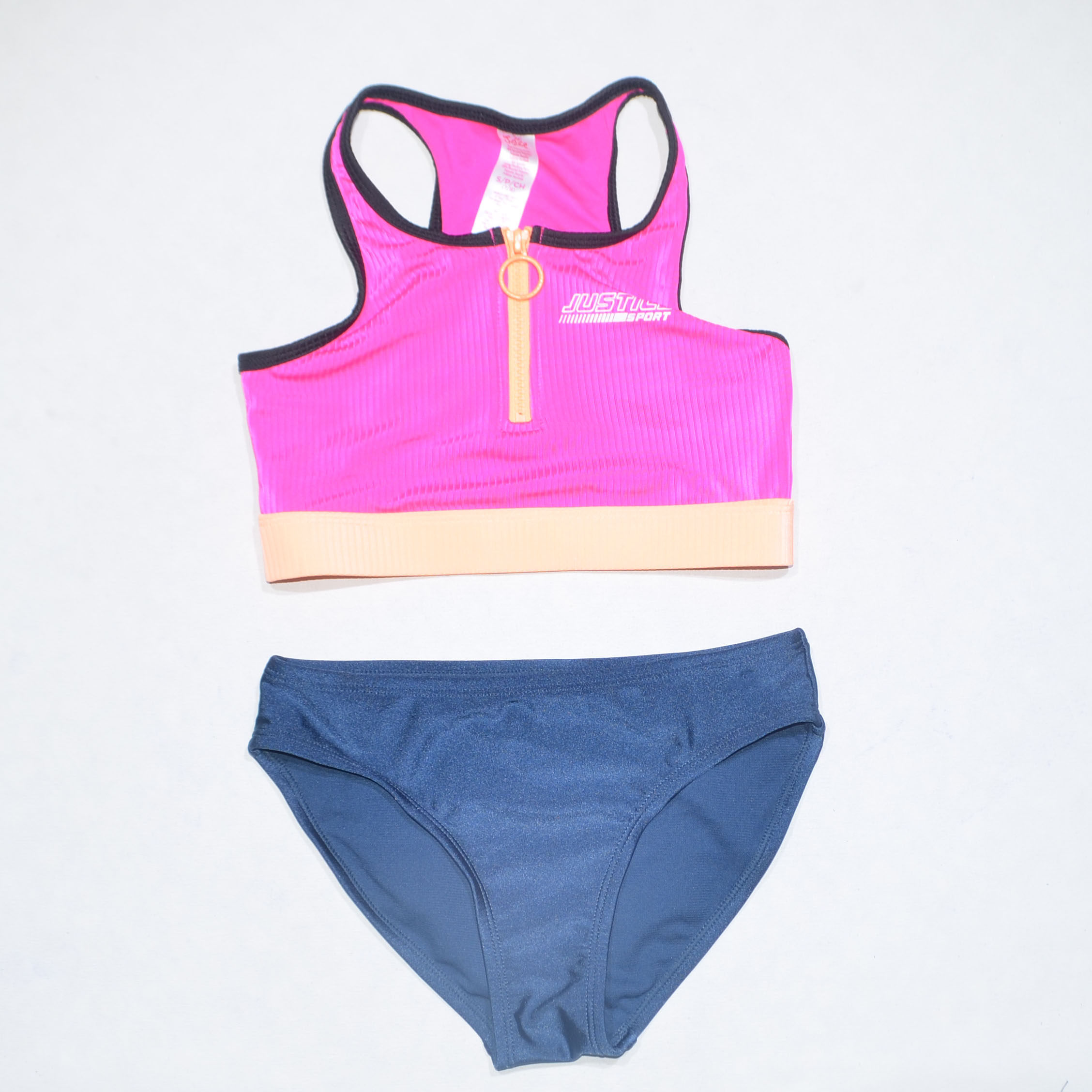 美国原单JUST****可爱玫红条纹拉链款海滩泳池分体泳衣女童中小童