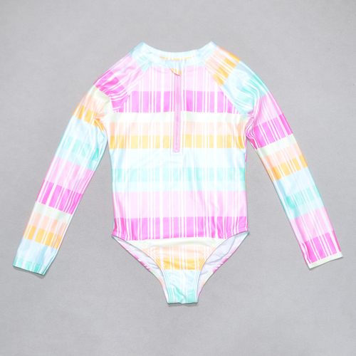 美国原单GEOR****彩色竖条纹长袖防晒海滩泳池连体泳衣女童中小童