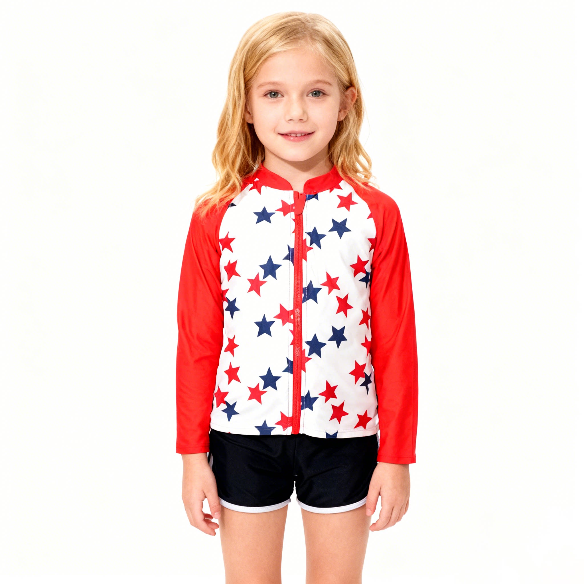 日本原单ATTE****混搭黑色裤星星上衣防晒长袖分体泳衣男女童小童