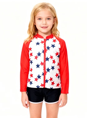 日本原单ATTE****混搭黑色裤星星上衣防晒长袖分体泳衣男女童小童