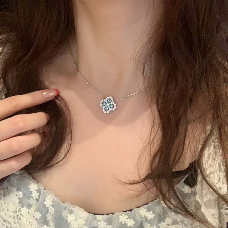 海蓝四叶草树脂项链女简约