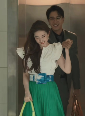 法国MK&DK玫瑰的故事刘亦菲同款气质白色衬衫绿色半身裙套装女