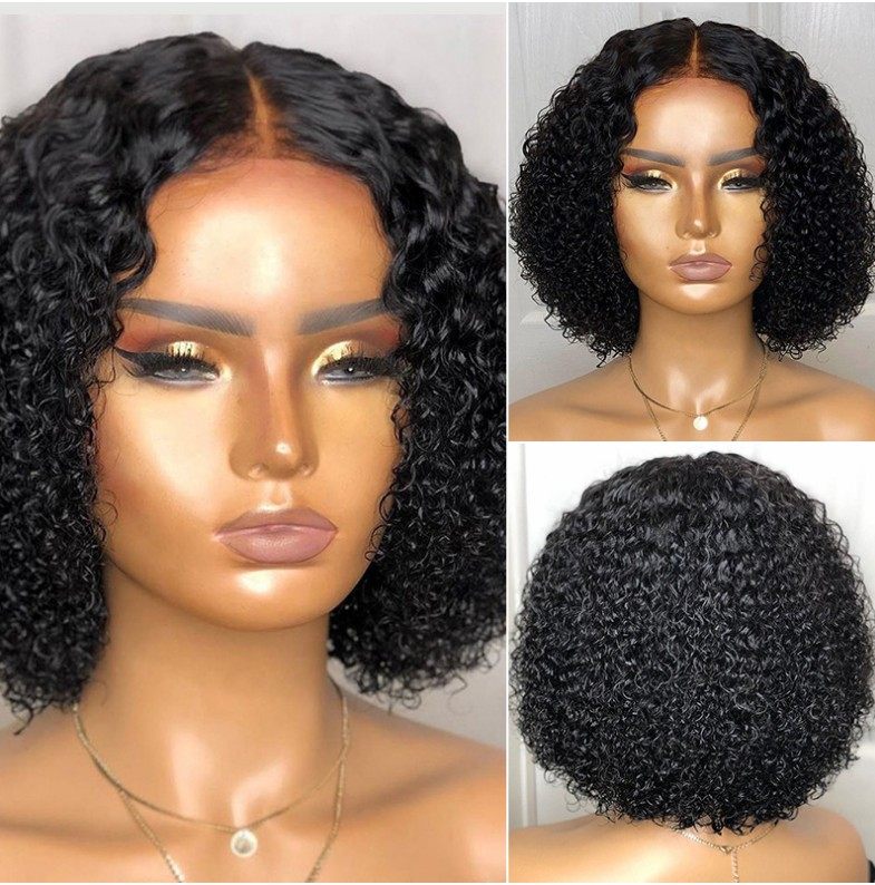 short curly bob lace front human hair wigs remy black fluffy