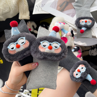 个性 带眼镜公仔灰色堆堆袜长 小众可爱袜子女中筒袜ins潮搭毛拖鞋