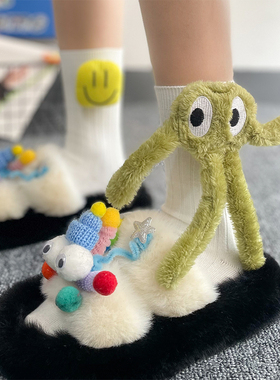 个性洋气果绿色笑脸章鱼公仔饰品中筒袜颜值外穿潮搭黑白长筒袜