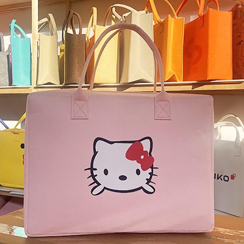 凯蒂猫毛毡手提包Kitty收纳大容量袋子粉色女学生用嗨喽kt旅行包