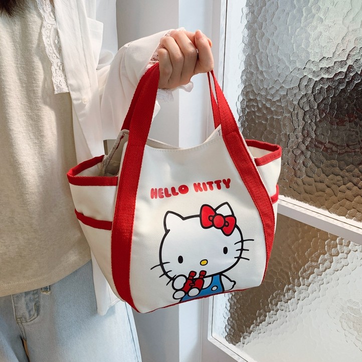 Kitty帆布包手提袋嗨喽kt布袋上班族便当包红色撞色凯蒂猫手提包