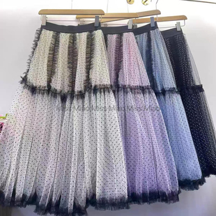 15米用料重工木耳边波点网纱半身裙女高腰垂感大摆纱裙蓬蓬裙长裙