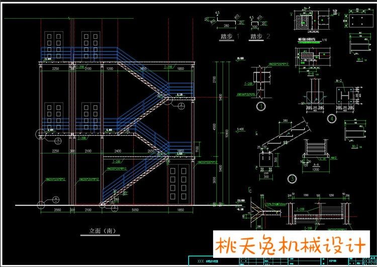 两层和三层两种室外钢爬梯施工cad图纸 钢结构楼梯室外钢梯消防梯