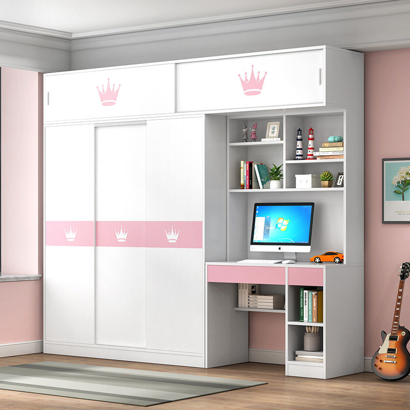 儿童房E0级实木衣柜书桌门柜移女童一体组合多功能衣橱小户型女孩