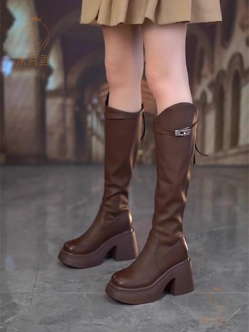 欧美时尚皮带扣高跟骑士靴2025秋冬方头防水台增高粗跟气质瘦瘦靴,女鞋,时装靴,淘宝优惠券,粉丝福利购,淘宝优惠卷