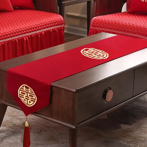 结婚桌旗婚房布置桌子布刺绣喜字