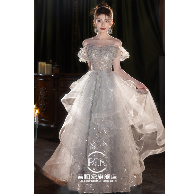 灰色主持人礼服裙轻奢高端高级感