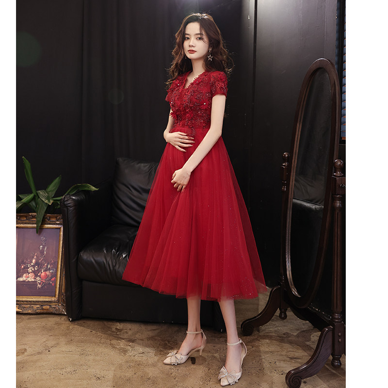 孕妇敬酒服新娘红色纱裙系带订婚连衣裙礼服高腰遮肚子大码胖mm夏