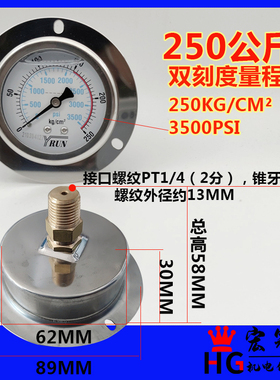 YRUN轴向不锈钢外壳耐震压力表YN60ZT 0-250KG油压表 液压表1/4PT