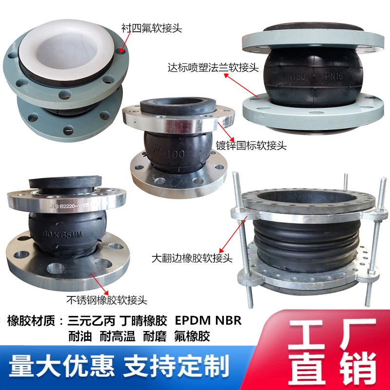 法兰式橡胶软接头衬四氟橡胶膨胀节304法兰耐酸碱橡胶软连接