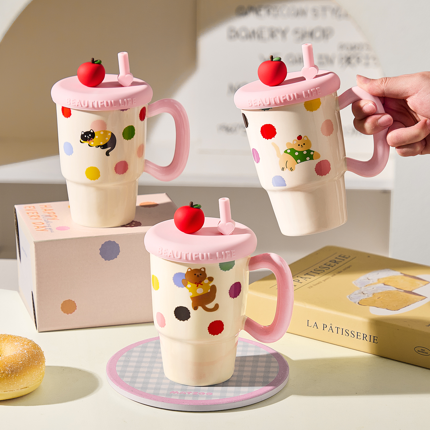 可爱带盖马克杯办公室家用喝水杯陶瓷吸管杯女咖啡杯子伴手礼
