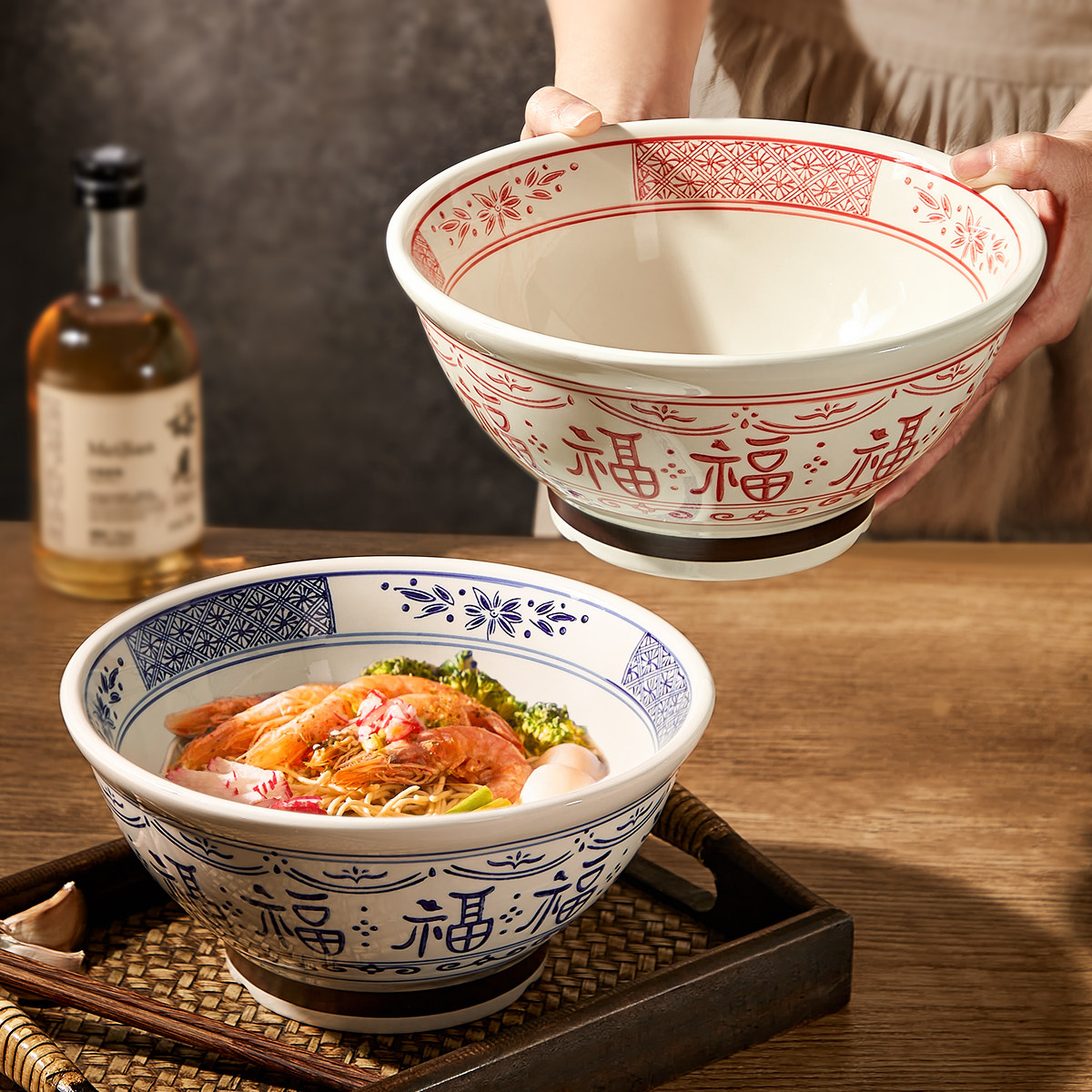 中式陶瓷面碗家用2025新款釉下彩拉面碗福字大碗面条碗高脚汤面碗,餐饮具,碗,淘宝优惠券,粉丝福利购,淘宝优惠卷