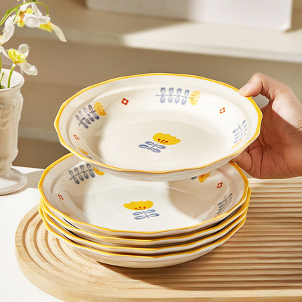 清新陶瓷盘子菜盘家用2025新款釉下彩深盘好看的碗碟子高级感餐具