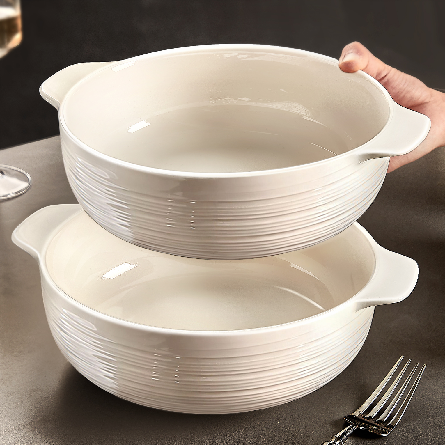 陶瓷双耳汤碗家用2025新款白色汤盆大号螺蛳粉碗个人专用泡面大碗