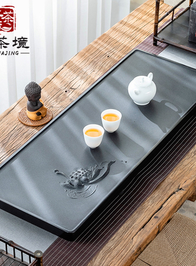 沐茶境整块乌金石茶盘家用天然石头茶台大号简约石材浮雕干泡托盘