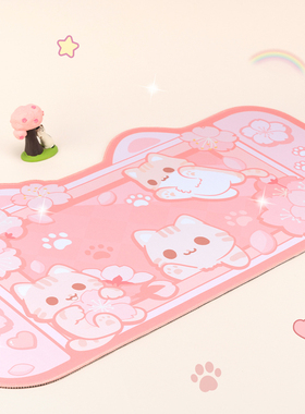 FTTOT可爱樱花猫鼠标垫 防滑加厚超大号桌面键盘垫高颜值办公桌垫